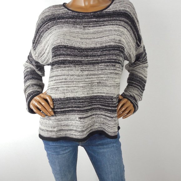 EILEEN FISHER Sweater L Black/Tan Casual Relaxed Cropped Linen Wool Long Sleeves - Picture 3 of 12